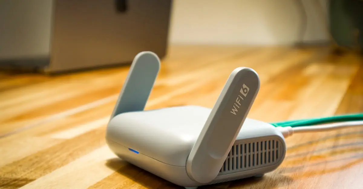 A sleek WiFi 6 router with antennas and cable on a wooden desk, perfect for modern home networks.